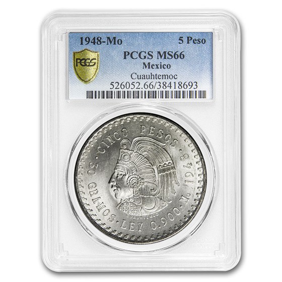 1948 Mexico Silver 5 Pesos Cuauhtemoc MS-66 PCGS 1948 Mexico Silver 5 Pesos Cuauhtemoc MS-66 PCGS