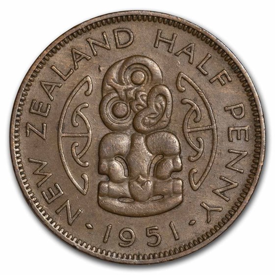 1949-1952 New Zealand 1/2 Penny Hei Tiki George VI BU (Brown) 1949-1952 New Zealand 1/2 Penny Hei Tiki George VI BU (Brown)