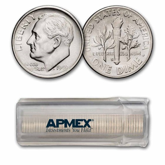 1949-S Roosevelt Dime 50-Coin Roll BU
