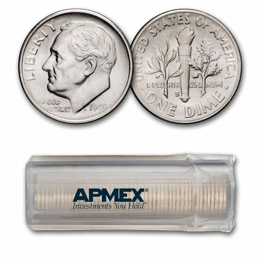 1949-S Roosevelt Dime 50-Coin Roll BU
