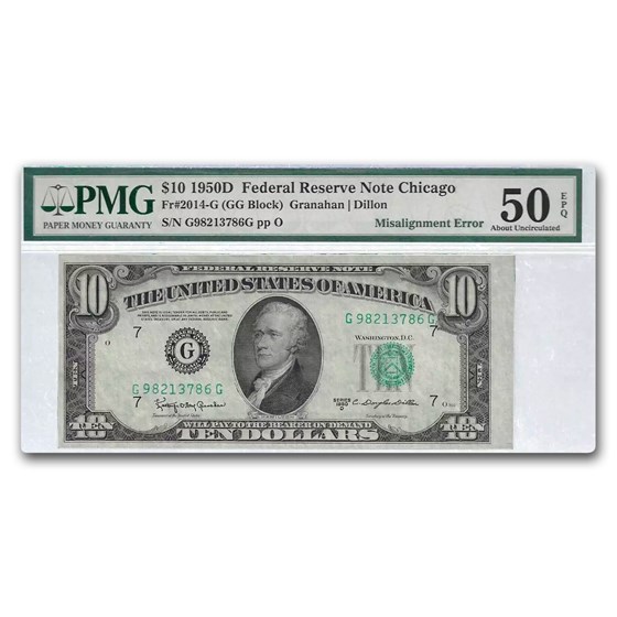 1950-D (G-Chicago) $10 FRN Gem AU-50 EPQ PMG (Fr#2014-G) Misalign 1950-D (G-Chicago) $10 FRN Gem AU-50 EPQ PMG (Fr#2014-G) Misalign