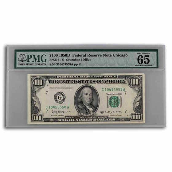 1950-D (G-Chicago) $100 FRN Gem CU-65 EPQ PMG (Fr#2161-G) 1950-D (G-Chicago) $100 FRN Gem CU-65 EPQ PMG (Fr#2161-G)