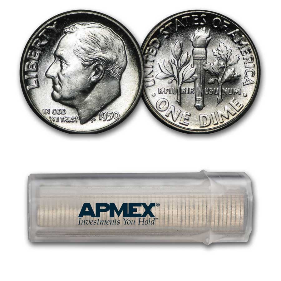 1950 Roosevelt Dime 50-Coin Roll BU