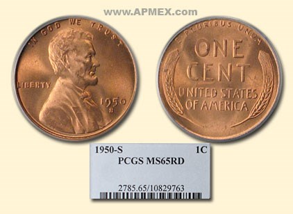 1950-S Lincoln Cent MS-65 PCGS (Red) 1950-S Lincoln Cent MS-65 PCGS (Red)