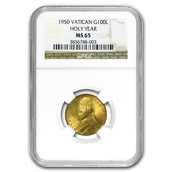 1950 Vatican City Gold 100 Lire Pope Pius XII MS-65 NGC 1950 Vatican City Gold 100 Lire Pope Pius XII MS-65 NGC