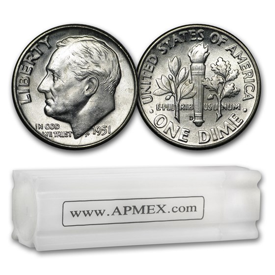 1951-D Roosevelt Dime 50-Coin Roll BU