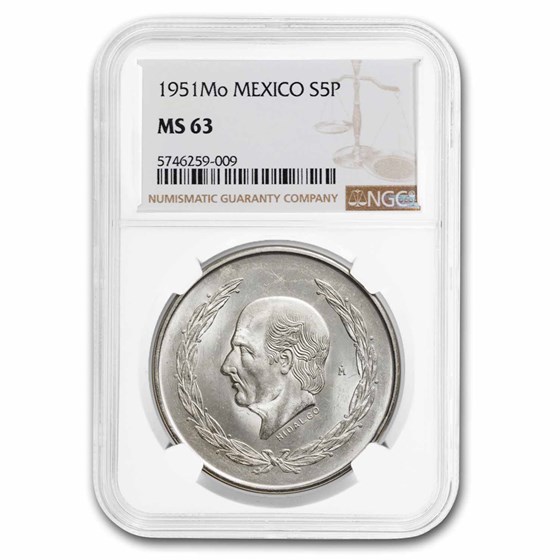 1951 Mexico Silver 5 Pesos Hidalgo MS-63 NGC