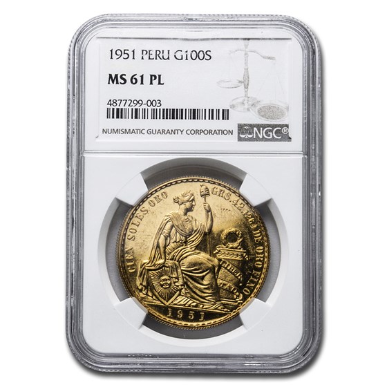 1951 Peru Gold 100 Soles MS-61 PL NGC 1951 Peru Gold 100 Soles MS-61 PL NGC