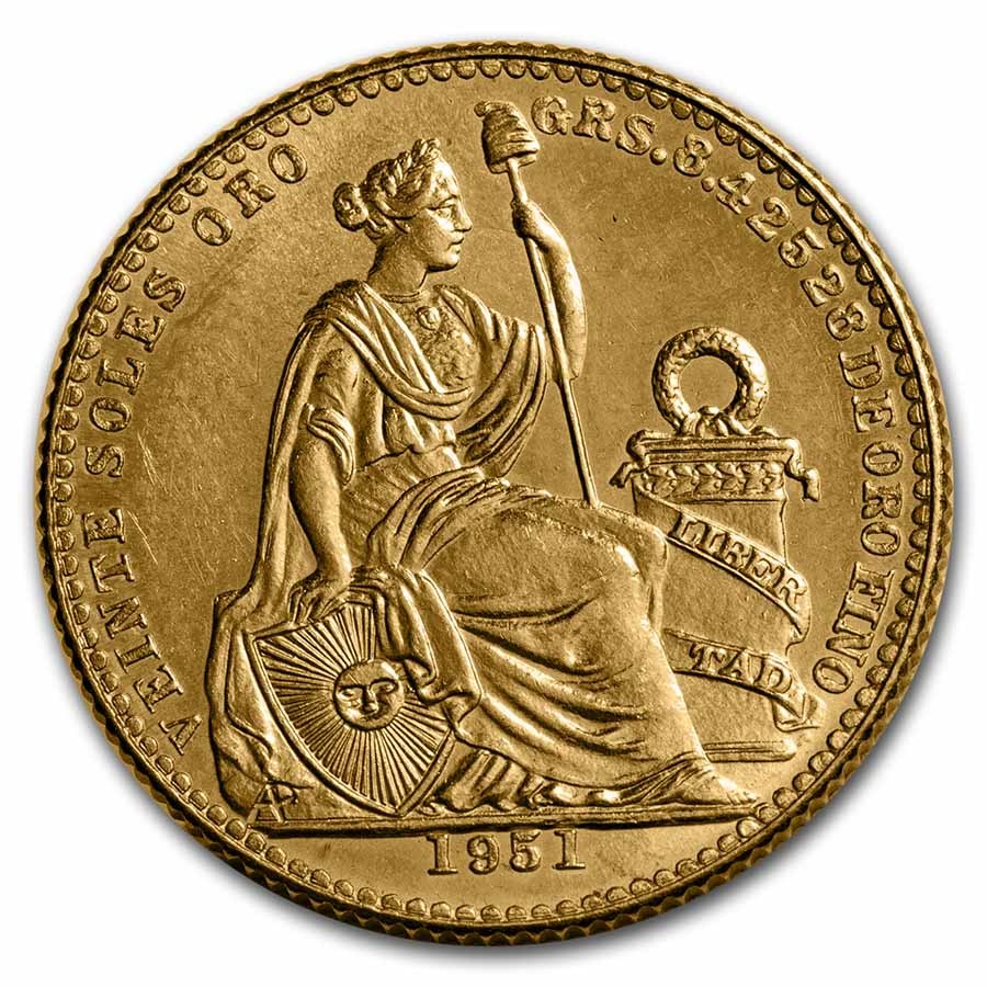Buy 1951 Peru Gold 20 Soles Seated Liberty BU | APMEX