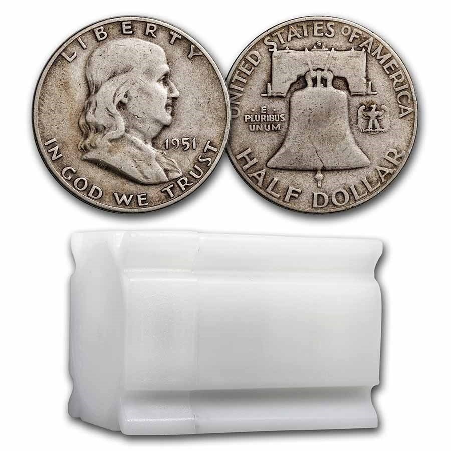 1951-S Franklin Half Dollar 20-Coin Roll Avg Circ
