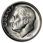 1951-S Roosevelt Dime 50-Coin Roll BU