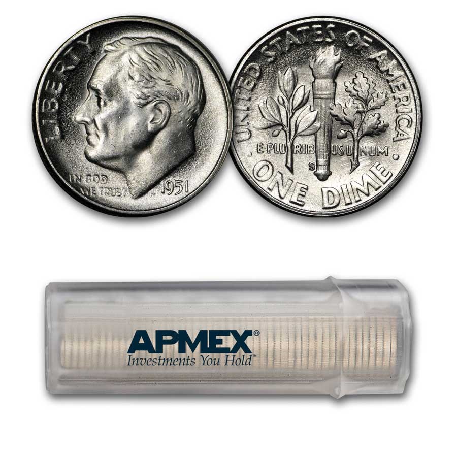 1951-S Roosevelt Dime 50-Coin Roll BU