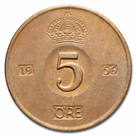1952-1971 Sweden Bronze 5 Ore Avg Circ 1952-1971 Sweden Bronze 5 Ore Avg Circ
