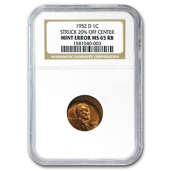 1952-D Lincoln Cent Struck 20% Off Center MS-65 NGC (Red/Brown) 1952-D Lincoln Cent Struck 20% Off Center MS-65 NGC (Red/Brown)
