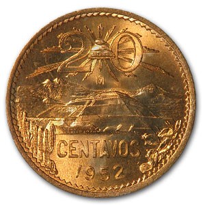 1952 Mexico 20 Centavos Pyramid BU (Red) 1952 Mexico 20 Centavos Pyramid BU (Red)