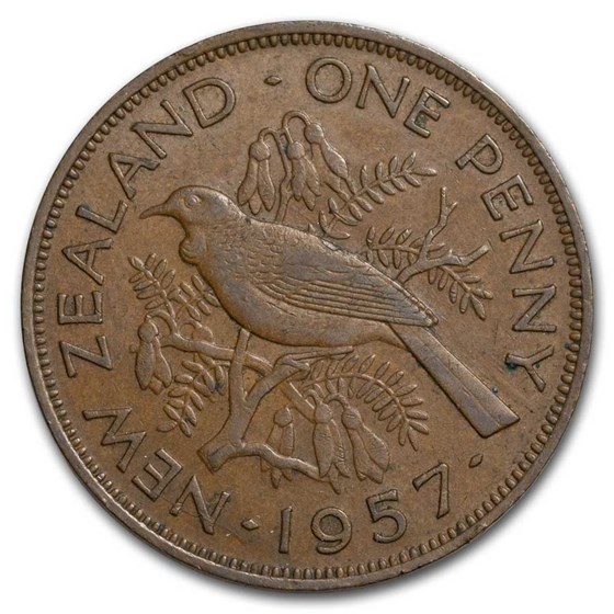 1953-1965 New Zealand Bronze Penny Tui Bird Elizabeth II Avg Circ 1953-1965 New Zealand Bronze Penny Tui Bird Elizabeth II Avg Circ