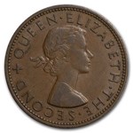 1953-1965 New Zealand Bronze Penny Tui Bird Elizabeth II Avg Circ