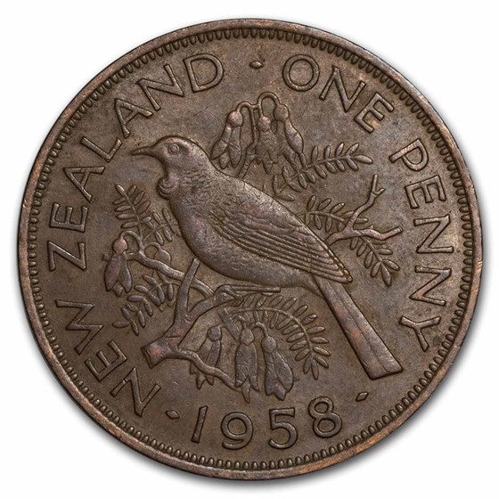1953-1965 New Zealand Bronze Penny Tui Bird Elizabeth II BU Brown 1953-1965 New Zealand Bronze Penny Tui Bird Elizabeth II BU Brown