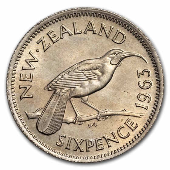 1953-1965 New Zealand Copper-Nickel 6 Pence Elizabeth II BU 1953-1965 New Zealand Copper-Nickel 6 Pence Elizabeth II BU