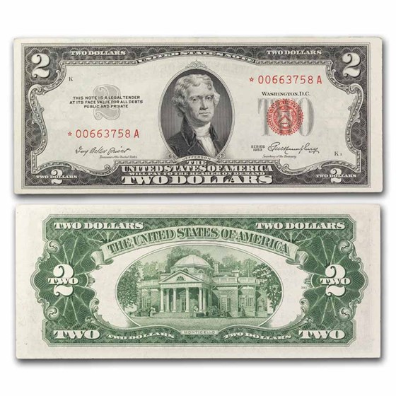 1953* $2.00 U.S. Note Red Seal AU (Fr#1509*) Star Note 1953* $2.00 U.S. Note Red Seal AU (Fr#1509*) Star Note