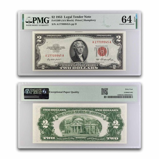 1953 $2.00 U.S. Note Red Seal CU-64 EPQ PMG (Fr#1509) 1953 $2.00 U.S. Note Red Seal CU-64 EPQ PMG (Fr#1509)