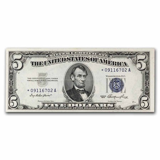 1953* $5.00 Silver Certificate AU (Fr#1655*) Star Note 1953* $5.00 Silver Certificate AU (Fr#1655*) Star Note