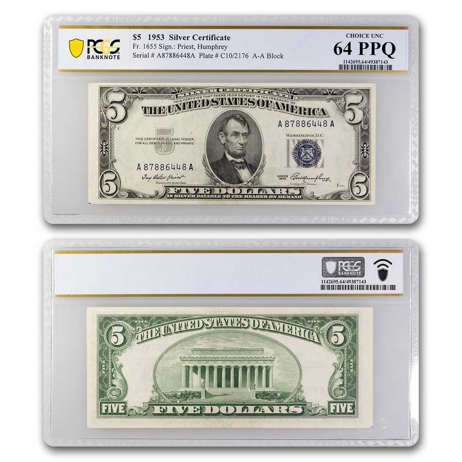 1953 $5.00 Silver Certificate CU-64 PPQ PCGS (Fr#1655)