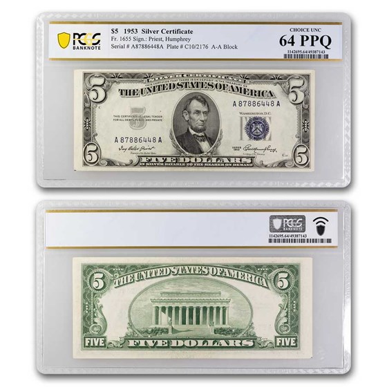 1953 $5.00 Silver Certificate CU-64 PPQ PCGS (Fr#1655) 1953 $5.00 Silver Certificate CU-64 PPQ PCGS (Fr#1655)