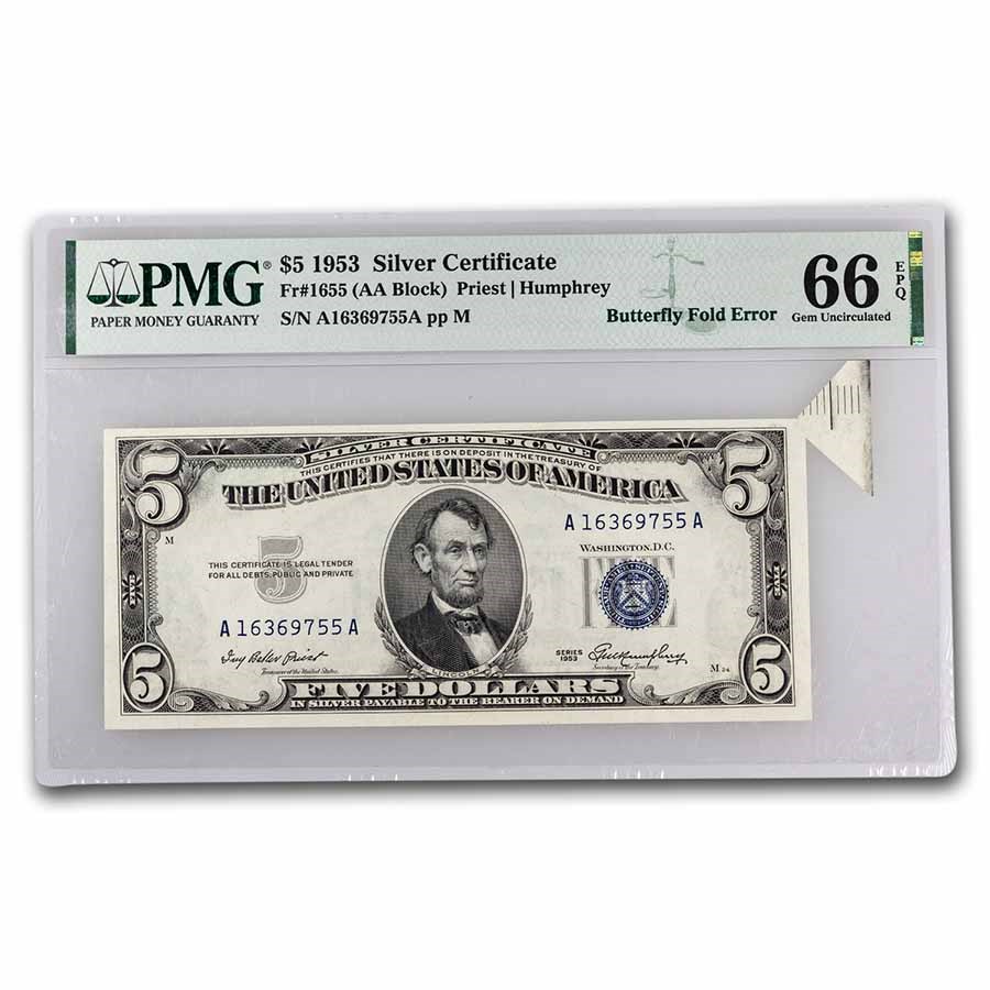 1953 $5.00 Silver Certificate CU-66 EPQ PMG (Fr#1655) Butterfly