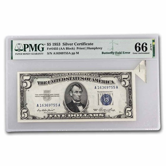 1953 $5.00 Silver Certificate CU-66 EPQ PMG (Fr#1655) Butterfly 1953 $5.00 Silver Certificate CU-66 EPQ PMG (Fr#1655) Butterfly