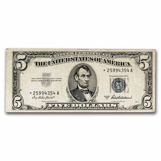 1953* $5.00 Silver Certificate VF (Fr#1655*) Star Note 1953* $5.00 Silver Certificate VF (Fr#1655*) Star Note