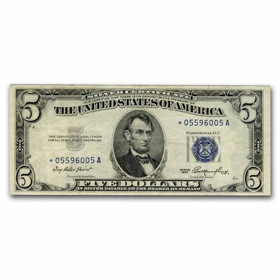 1953* $5.00 Silver Certificate XF (Fr#1655*) Star Note 1953* $5.00 Silver Certificate XF (Fr#1655*) Star Note