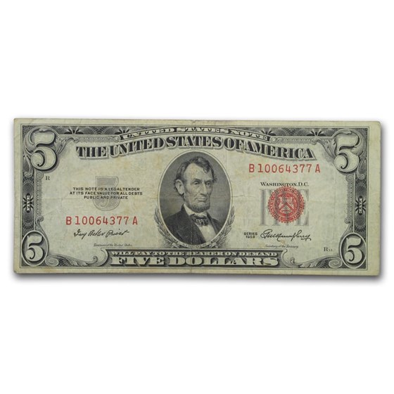 1953 $5.00 U.S. Note Red Seal Avg Circ VG/VF (Fr#1532) 1953 $5.00 U.S. Note Red Seal Avg Circ VG/VF (Fr#1532)