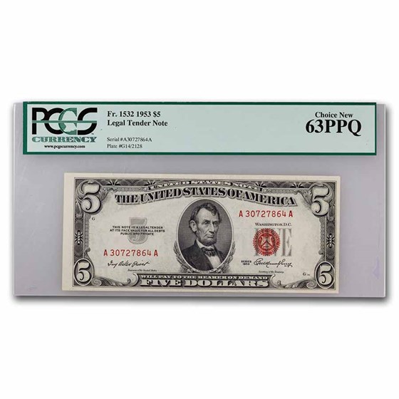 1953 $5.00 U.S. Note Red Seal CU-63 PPQ PCGS (Fr#1532) 1953 $5.00 U.S. Note Red Seal CU-63 PPQ PCGS (Fr#1532)