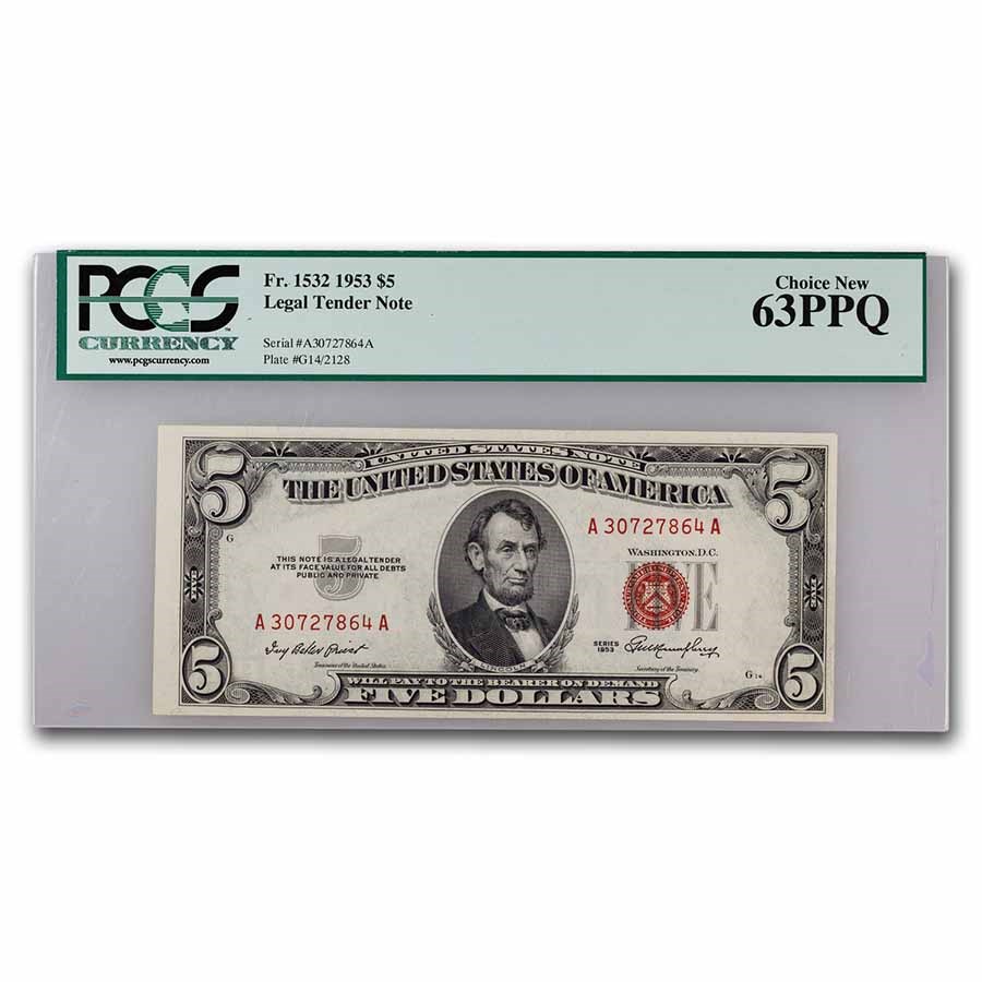 1953 $5.00 U.S. Note Red Seal CU-63 PPQ PCGS (Fr#1532)