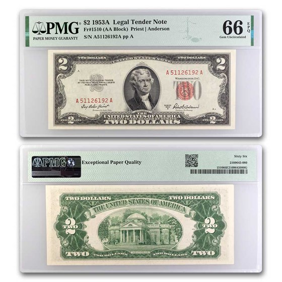 1953-A $2.00 U.S. Note Red Seal Gem CU-66 EPQ PMG (Fr#1510) 1953-A $2.00 U.S. Note Red Seal Gem CU-66 EPQ PMG (Fr#1510)