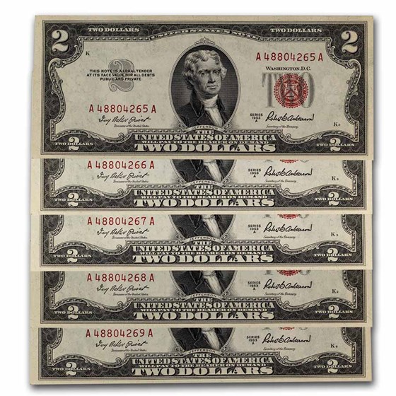 1953-A $2.00 U.S. Notes Red Seal CU (Fr#1510) 5 Consecutive 1953-A $2.00 U.S. Notes Red Seal CU (Fr#1510) 5 Consecutive