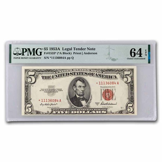 1953-A* $5.00 U.S. Note Red Seal CU-64 PMG (Fr#1533*) Star Note 1953-A* $5.00 U.S. Note Red Seal CU-64 PMG (Fr#1533*) Star Note