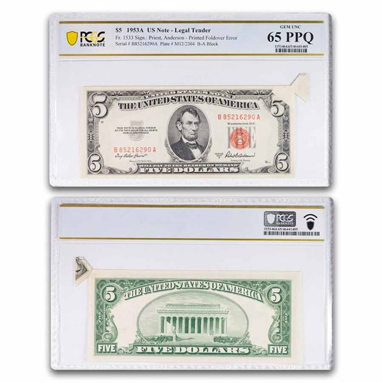 1953-A $5.00 U.S. Note Red Seal CU-65 PPQ PCGS (Fr#1533) Foldover