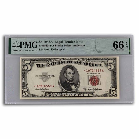 1953-A* $5 U.S. Note Red Seal CU-66 EPQ PMG (Fr#1533*) Star Note 1953-A* $5 U.S. Note Red Seal CU-66 EPQ PMG (Fr#1533*) Star Note