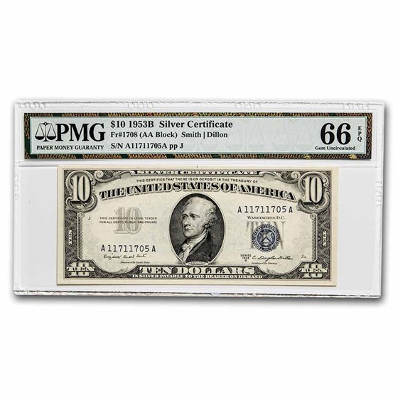 1953-B $10 Silver Certificate Gem CU-66 EPQ PMG (Fr#1708) 1953-B $10 Silver Certificate Gem CU-66 EPQ PMG (Fr#1708)