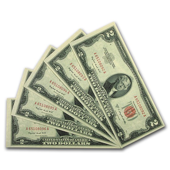 1953-B $2.00 U.S. Notes Red Seal CU (5 Consec S/Ns) 1953-B $2.00 U.S. Notes Red Seal CU (5 Consec S/Ns)