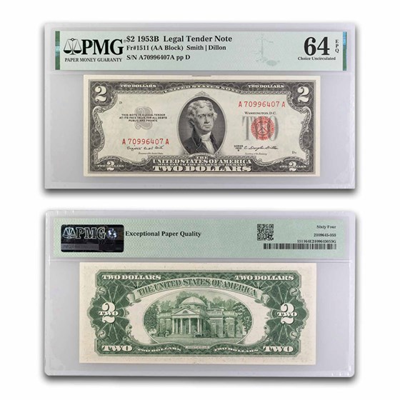 1953-B $2 U.S. Notes Red Seal CU-64 EPQ PMG (Fr#1511) 1953-B $2 U.S. Notes Red Seal CU-64 EPQ PMG (Fr#1511)