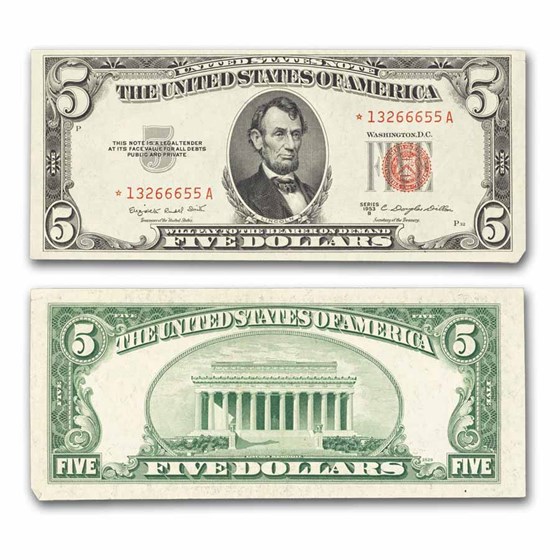 1953-B* $5.00 U.S. Note Red Seal AU (Fr#1534*) Star Note
