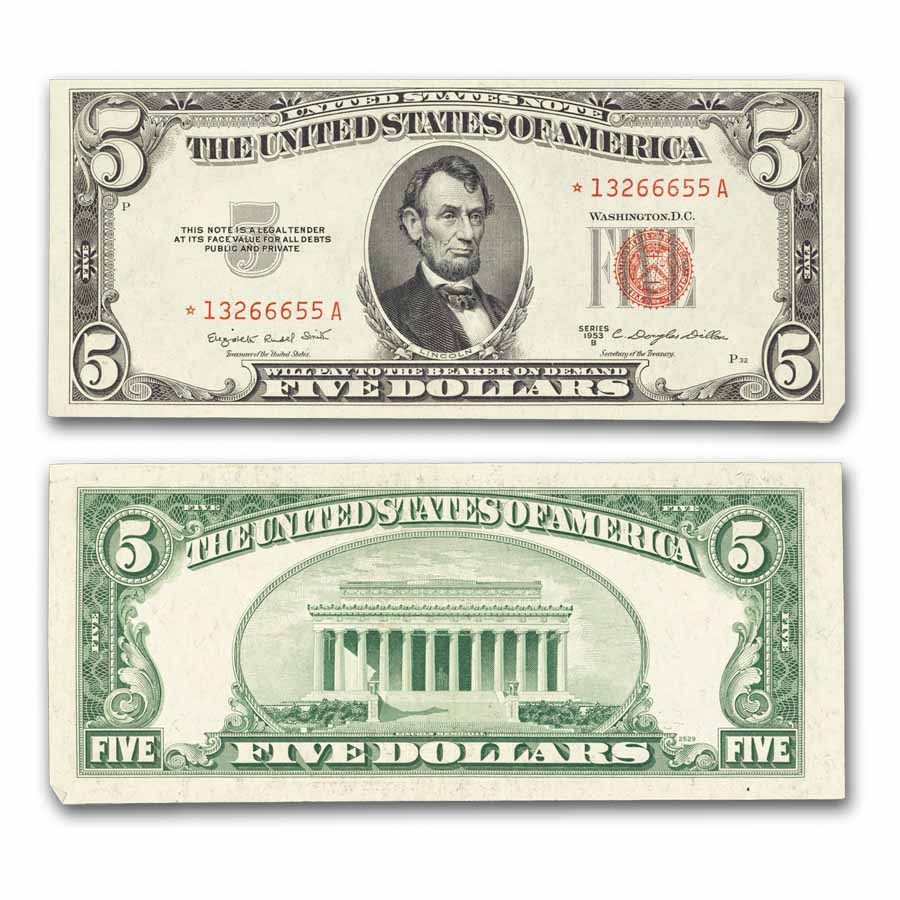 1953-B* $5.00 U.S. Note Red Seal AU (Fr#1534*) Star Note