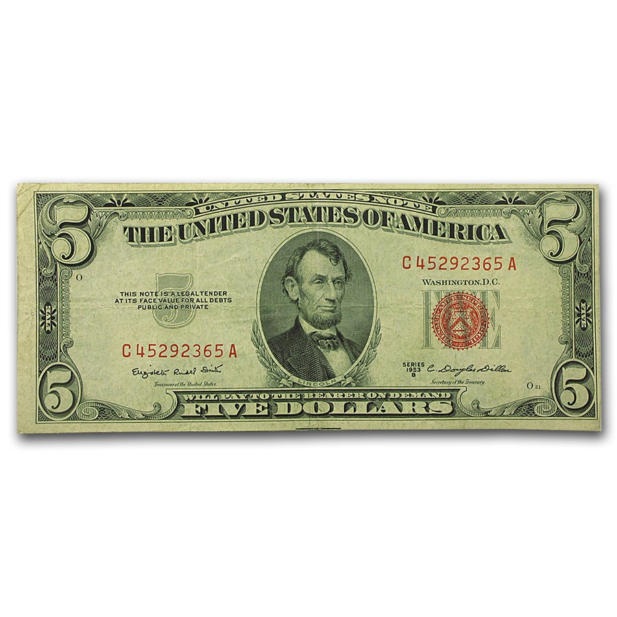 1953-B $5.00 U.S. Note Red Seal Avg Circ VG/VF (Fr#1534)