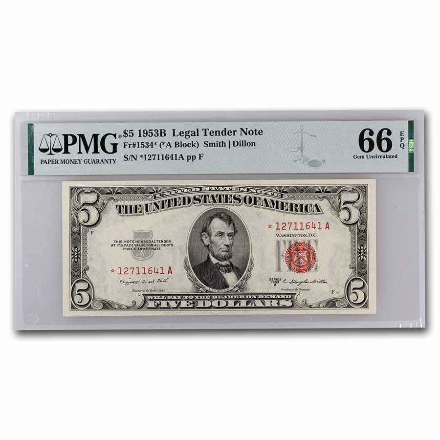 Buy 1953-B* $5.00 U.S. Note Red Seal CU-66 PMG (Fr#1534*) Star Note | APMEX