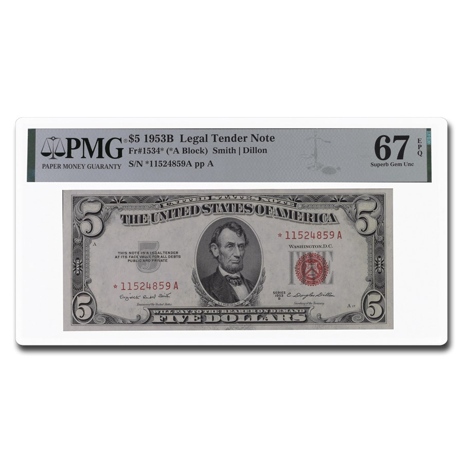 1953-B* $5.00 U.S. Note Red Seal CU-67 PMG (Fr#1534*) Star Note