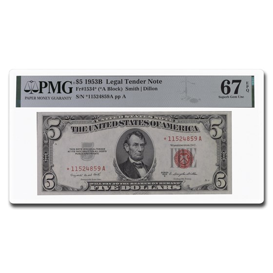 1953-B* $5.00 U.S. Note Red Seal CU-67 PMG (Fr#1534*) Star Note 1953-B* $5.00 U.S. Note Red Seal CU-67 PMG (Fr#1534*) Star Note