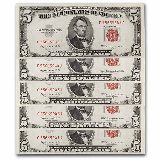 Buy 1953-B $5.00 U.S. Note Red Seal CU (Fr#1534) 10 Consec. | APMEX